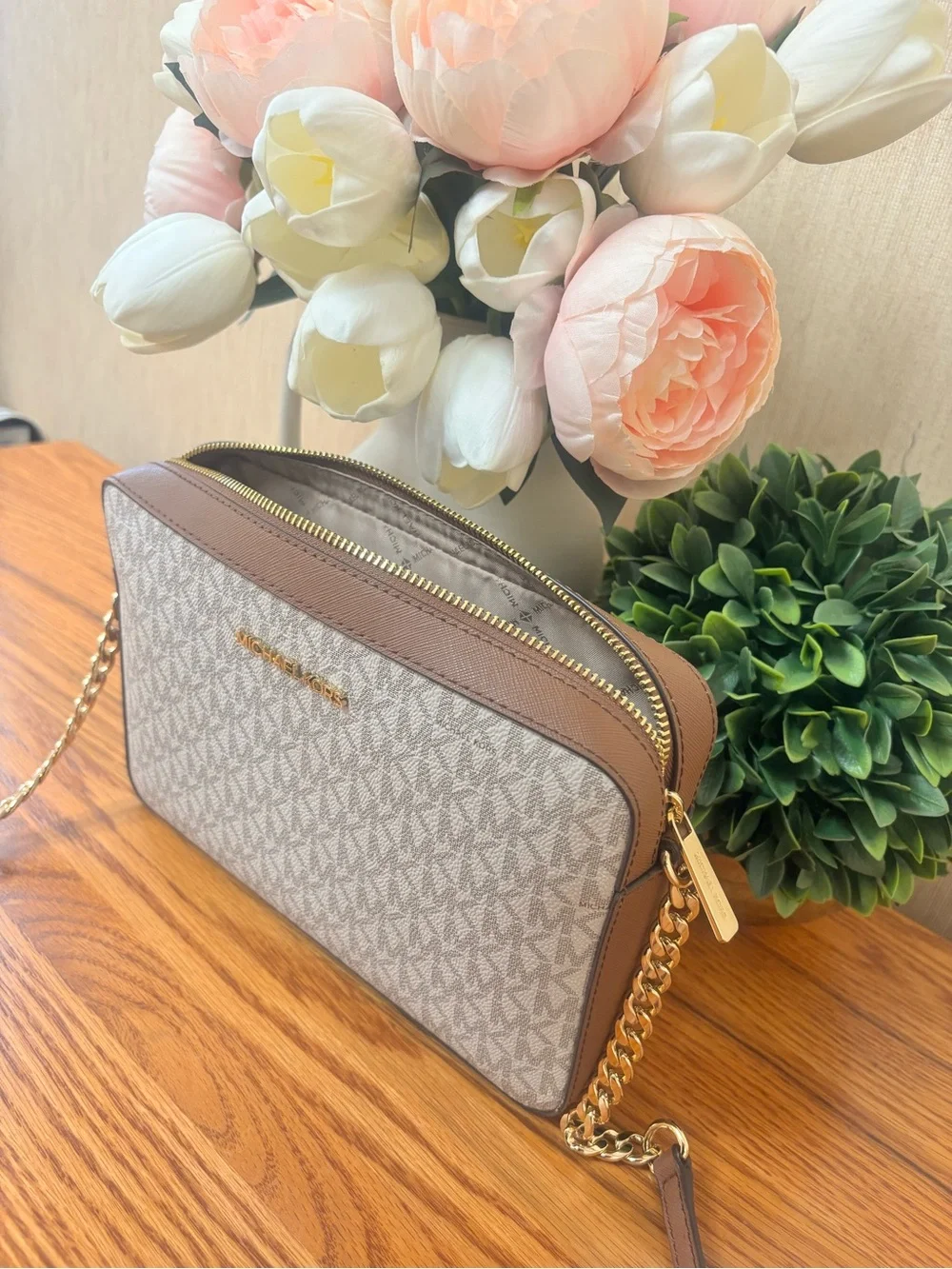 Michael Kors White and Brown Signature MK Crossbody Bag